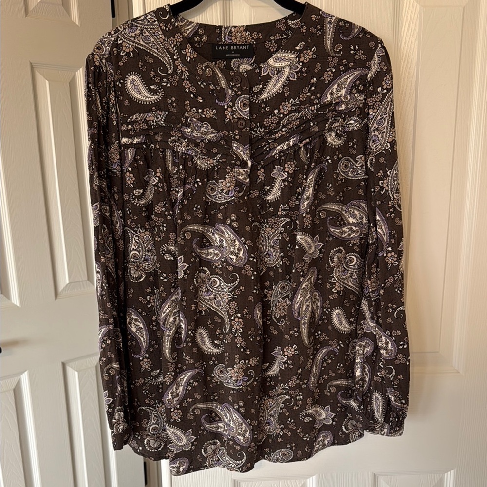 Lane Bryant Brown Paisley Buttoned Blouse
